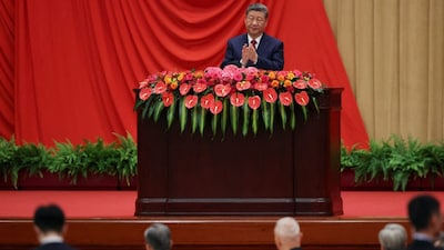 Chinese President Xi Jinping applauds as he delivers a speech at the National Day reception on the eve of the 77th founding anniversary of the People's Republic of China, at the Great Hall of the People in Beijing, China. Photo: Reuters