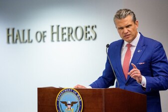 Secretary of War Pete Hegseth speaks during an event to honour Marines who were serving during the 2021 Abbey Gate bombing at the Pentagon on August 26, 2026 in Arlington, Virginia. (AFP)