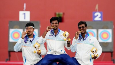 The golden sweep was completed by the men's team of Kushal Dalal, Sahil Jadhav and Ganesh Mani Ratnam Thirumuru, who staged a dramatic comeback to defeat China 238-237 in the final. Image: PTI