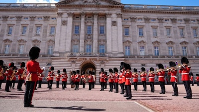 Members from the Massed Bands of the Guards Division play on the forecourt of Buckingham Palace in London, UK. September 11, 2026. File Image/Reuters