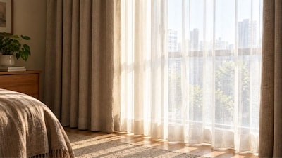 A sheer curtain filters daylight in front of heavier drapes, giving a window greater control over light and coverage. Photo: AI-generated.