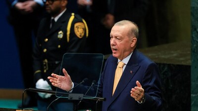 Turkey's President Recep Tayyip Erdogan addresses the 81st United Nations General Assembly at UN headquarters in New York City, US, on Tuesday. Reuters
