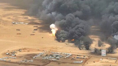 This handout image release by Iran-backed Houthis on September 7, 2026, purportedly shows a ballistic missile strike on trucks carrying military equipment from Saudi Arabia to the al-Wadiah military camp in Yemen’s Hadhramaut province. (Representational Photo via AFP)
