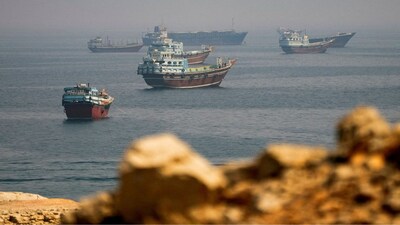 Vessels near the Strait of Hormuz, as seen from Musandam, Oman, August 31, 2026. File Image/Reuters