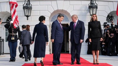 US President Donald Trump and first lady Melania Trump welcome Chinese President Xi Jinping and his wife, Peng Liyuan, during a state arrival ceremony on the South Lawn of the White House in Washington, D.C., US, September 24, 2026. REUTERS