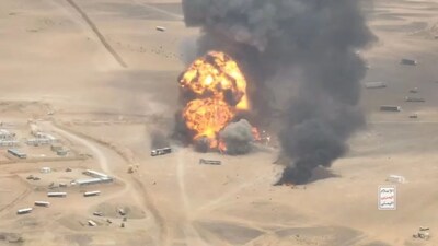 Trucks explode as they burn, during what the Houthis say was an attack targeting trucks coming from Saudi territory, at Al-Wadiah border crossing near Al-Wadiah, on the Saudi-Yemen border on September 7, 2026. Reuters File