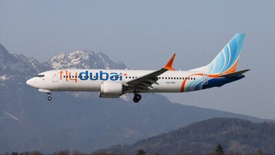 A picture taken on March 8, 2026, shows a Flydubai Boeing 737-8 MAX A6-FKF aircraft, which was bound for Israel from the United Arab Emirates diverted to Saudi Arabia after transmitting emergency signals following a fight between the pilots rather than a hijacking. Reuters