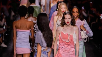 Models wear creations part of the Diesel women's Spring-Summer 2027 collection presented in Milan, Italy, Tuesday, Sept. 22, 2026. AP