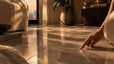 A hand taps a tiled floor in a sunlit Indian home, where gaps beneath the surface can sometimes produce a hollow sound. Photo: AI-generated.
