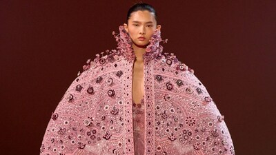 Look from Manish Malhotra's Fall 2026 Haute Couture show 'Maa' in Paris, featuring architectural volumes and signature Indian hand embroidery. Image/ Launchmetrics Spotlight via The Impression