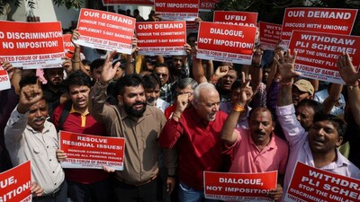 The image shows Bank employees shouting slogans during a protest, as part of a day-long nationwide strike, in Ahmedabad, India, on September 11, 2026. File image/Reuters