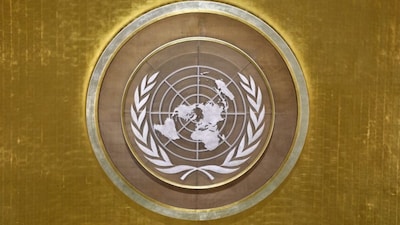 The UN logo is seen during the 81st United Nations General Assembly at UN headquarters in New York