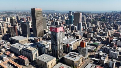 A drone view of buildings bearing the ABSA Bank and Transnet logos in Johannesburg's central business district, Johannesburg, South Africa, September 13, 2026. REUTERS