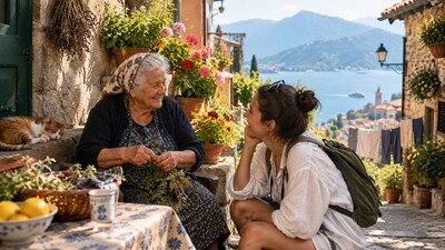 A traveller bonds with a local grandmother over village traditions. Photo: AI-generated.