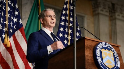 US Treasury Secretary Scott Bessent speaks during a press conference to outline further sanctions against Iran, at the Treasury Department in Washington, D.C., US, August 24, 2026. File/Reuters