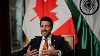 Canadian Minister of International Trade Maninder Sidhu gestures as he speaks during an interview with Reuters at the residence of the Canadian High Commissioner in New Delhi, India, on November 13, 2025. Reuters File