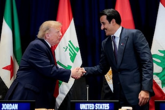 US President Donald Trump with Qatar's Emir Sheikh Tamim bin Hamad Al Thani at the 81st United Nations General Assembly (UNGA). (REUTERS)