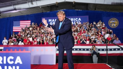 US President Donald Trump dances on stage during a rally at Pinnacle Bank Expo Center in Grand Island, Nebraska, US. File/Reuters