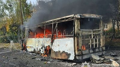 A bus burns following a Russian air strike, amid Russia's attack on Ukraine, in the city of Kramatorsk, in Donetsk region, Ukraine, on Thursday. Reuters