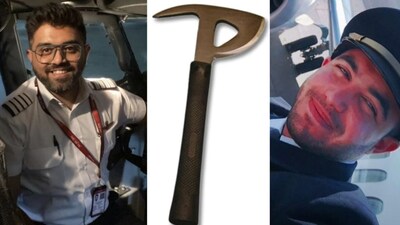 Captain Smit Machchhar (L), representative image of a crash axe (C) and Omani co-pilot Hamam al-Hammami (R). X