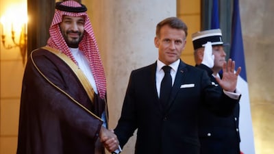 French President Emmanuel Macron greeting Saudi Crown Prince Mohammed bin Salman in Paris last month. File Image / AFP