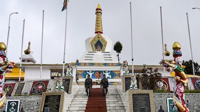 This picture taken on April 3, 2023 shows Indian army soldiers at a war memorial in the Tawang district of India's Arunachal Pradesh state. File Image: AFP 