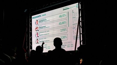 People watch a screen following the partial results of the presidential election in Rio de Janeiro, Brazil on October 4, 2026. AFP