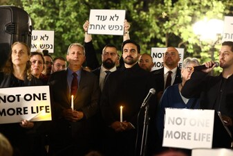 New York City Mayor Zohran Mamdani (C-R) joins anti-war demonstrators for a rally called by "Israelis for Peace NYC", a community group of Israeli anti-occupation activists in New York, on October 7, 2026. (Photo by CHARLY TRIBALLEAU / AFP)