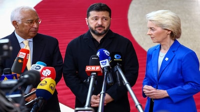 President of the European Council António Costa, Ukrainian President Volodymyr Zelenskyy and President of the European Commission Ursula von der Leyen speak to the media as they arrive at a European Union leaders summit in Brussels, Belgium on Friday. Reuters