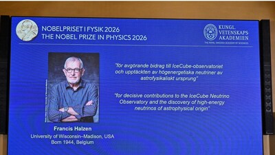 A display board shows that Francis Halzen is announced as the recipient of the 2026 Nobel Prize in Physics during a press conference at the Royal Swedish Academy of Sciences in Stockholm, Sweden, October 6, 2026. Reuters