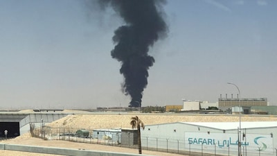 Smoke and flames rise from King Khalid Airport after Yemen’s Iran-backed Houthis said they attacked the airport in Riyadh, Saudi Arabia. Reuters