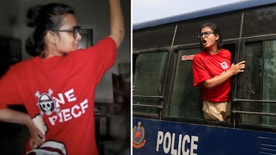 Neha Bora, National president of the All India Students' Association (AISA), shouts from a police vehicle after being detained during a protest organised by the Cockroach Janta Party (CJP) seeking the resignation of India's Chief Election Commissioner, Gyanesh Kumar, in New Delhi. Reuters