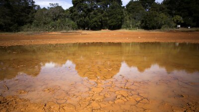 Cracked ground and shallow water are visible at the dried-up Guarne Lagoon in Arvi Park amid drought conditions linked to the El Nino phenomenon, in Medellin, Colombia, September 3, 2026. File photo/Reuters
