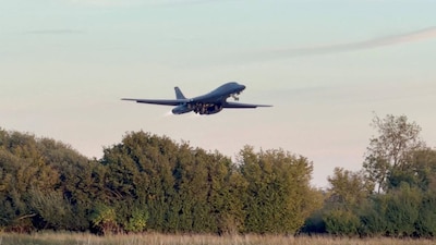 A B-1 bomber takes off from RAF Fairford airbase in this screengrab obtained from a social media video in Fairford, Gloucestershire, UK, on October 4, 2026. (Photo: @CraigYoungMedia via X/via Reuters)