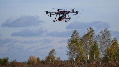 The StarGate drone, made by the SkyFall drone company and equipped with a medical module, flies during a demonstration at an undisclosed location in Ukraine on October 14, 2026. (Photo: Evgeniy Maloletka/AP)