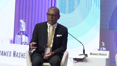 Former Maldivian President Mohamed Nasheed speaks at the 'Sagarmanthan' conference on October 9, 2026, at the Taj Palace, Delhi. (Photo: Screengrab from Observer Research Foundation's video)