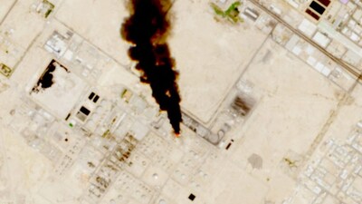 Smoke rises from the site of the Saudi Aramco refinery after reported Houthi attacks, south of Riyadh. Reuters 
