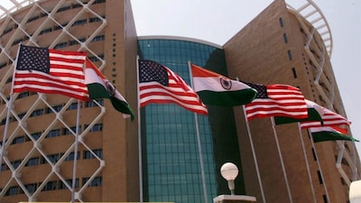 Indian and American flags flutter in front of the 'HITEC City' in Hyderabad, March 22, 2000. Representational Image/Reuters