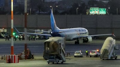 A plane, carrying passengers who were on the FlyDubai aircraft bound for Israel from the United Arab Emirates, which was diverted to Saudi Arabia following an emergency signal, on the tarmac as it arrives at the Ben Gurion International Airport, in Lod, near Tel Aviv, Israel, September 30, 2026. Reuters