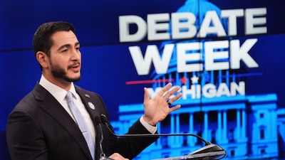Democratic nominee for U.S. Senate Abdul El-Sayed, talks during a televised debate with Republican nominee for U.S. Senate Mike Rogers at WOOD-TV, on Thursday, Oct. 8, 2026, in Grand Rapids, Mich. (AP Photo)
