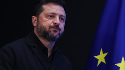Ukraine's President Volodymyr Zelenskyy arrives for a media conference at the EU summit in Brussels, Friday, Oct. 16, 2026. (AP Photo)