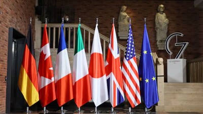 Flags are pictured during the first working session of G-7 foreign ministers in Muenster, Germany, November 3, 2022.  File- Reuters