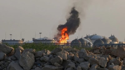 Flames burn at a facility belonging to Saudi oil giant Aramco south of Riyadh on October 3, 2026.- AFP