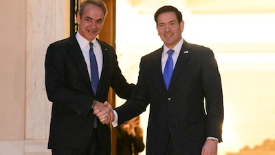U.S. Secretary of State Marco Rubio (R) shakes hands with Greek Prime Minister Kyriakos Mitsotakis before their meeting, at the Maximos Mansion in Athens on October 7, 2026. (Photo- AFP)