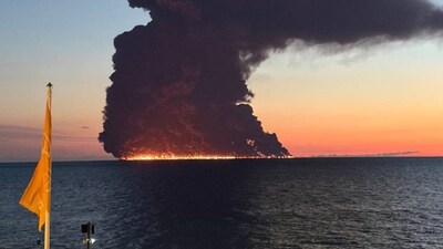 The Liberian-flagged crude oil tanker Aframax Rio catches fire after being targeted by uncrewed naval drones off Russia’s Black Sea coast near Sochi. All 23 Indian crew members aboard the vessel were safely rescued. (Image/X)