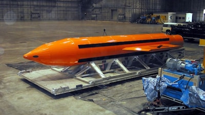 A Massive Ordnance Air Blast (MOAB) weapon is prepared for testing at the Eglin Air Force Armament Center in Florida on March 11, 2003. File Image/Firstpost via United States Department of Defence
