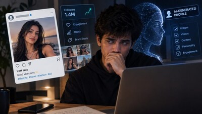 image caption?
An AI-generated influencer’s polished online persona contrasts with the concealed identity of the person behind the screen, raising questions about authenticity, consent and accountability in the creator economy. Photo: AI-generated.