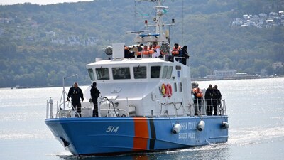 A Bulgarian border police vessel carrying crew members from a ship damaged in a drone attack, in Varna, Bulgaria, following a rescue operation after one vessel was sunk and another damaged in the Black Sea off Bulgaria, October 6, 2026. Reuters