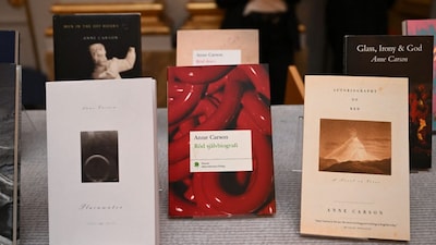 Copies of books by Canadian author Anne Carson on display at the Swedish Academy in Stockholm, Sweden, after a press conference on October 8, 2026 to announce her as the winner of the 2026 Nobel Prize in Literature. Photo: AFP