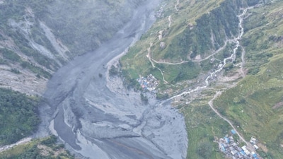 A drone view shows the areas affected by flooding of Budhi Gandaki River following a dry landslide in Chumnubri village, Gorkha district, Nepal. Reuters